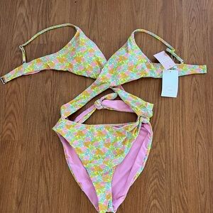 Dippin' Daisy's Floral Cutout One Piece - Pink and Yellow